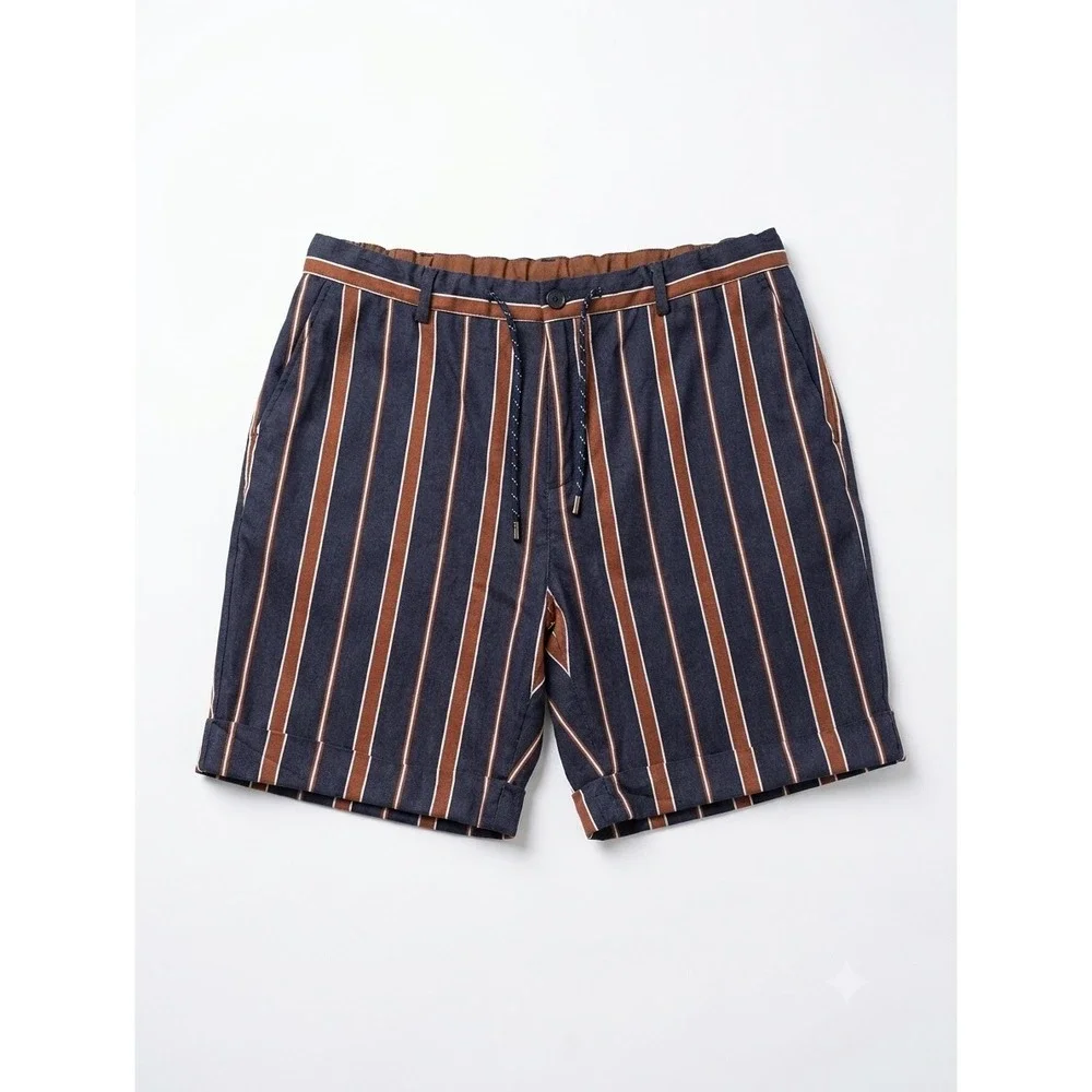 Scotch & Soda Mens Striped Drawstring Shorts Navy Brown 34 Cuffed Old Money